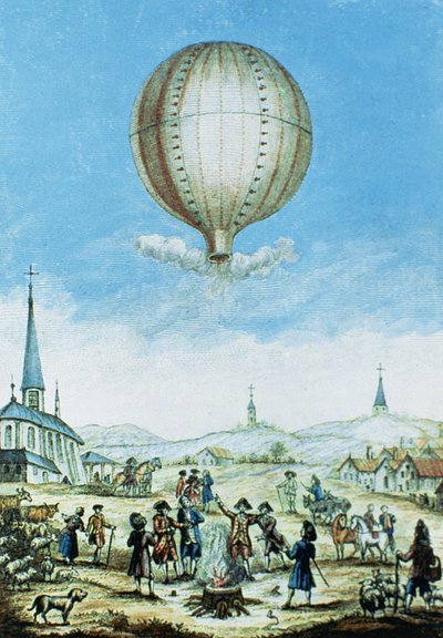Vista de Annonay en Vivarais y el primer vuelo del globo aerostático de los hermanos Montgolfier en 1783 de French School
