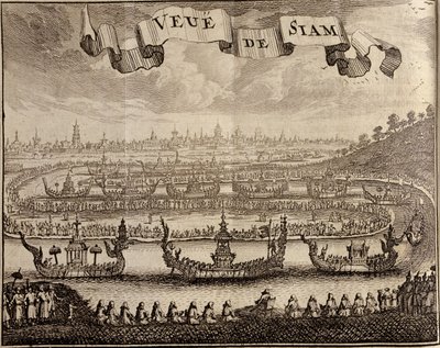 Vista de Ayutthaya con barcazas reales, de Voyage du Siam des Peres Jesuites por Guy Tachard, 1688 de French School