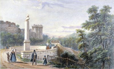 Vista del castillo de Dinan y de la estatua de Duclos Pinot. Ilustración del siglo XIX conservada en el Museo de Dinan. de French School