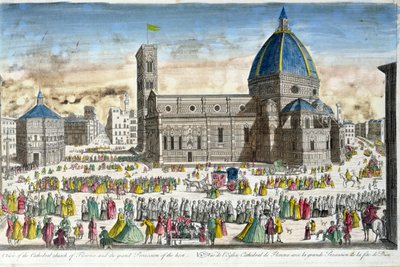 Vista de la Catedral de Florencia y la Gran Procesión del Host de French School