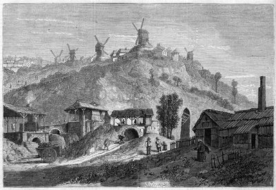 Vista de Montmartre en 1859, antes de unirse a la ciudad de París en 1860. Vista tomada desde la llanura Saint Denis. Grabado en “Le Monde Illustré” n°141 del 24 de diciembre de 1859. de French School