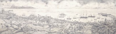 Vista de Papeete, Tahití, con vista al puerto hacia Moorea, mediados del siglo XIX de French School