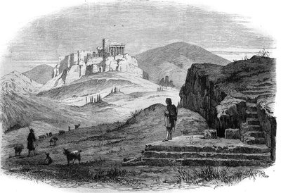 Vista de Pnyx, colina de Atenas al oeste de la Acrópolis con vista a la antigua Ágora. Grabado según un dibujo de M.F. Sargeais en "El Universo Ilustre" de French School