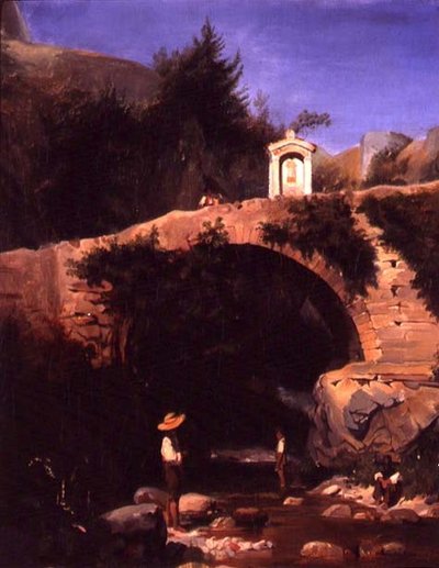 Vista de un puente y un río fuera de Roma de French School