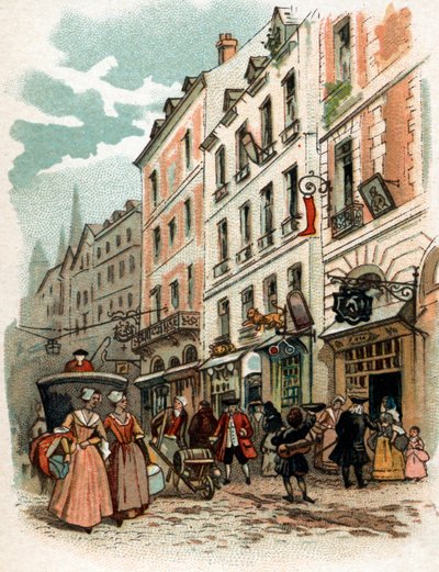 Vista de una calle de París bajo el reinado de Luis XV, principios del siglo XVIII Cromolitografía de finales del siglo XIX Colección particular de French School