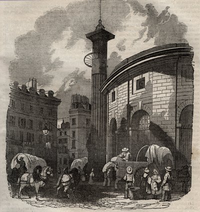 Vista de la halle au blé en París (construida en 1763-1769) y la columna de Medici, grabado a principios del siglo XIX - intercambio de trigo y maíz en París (construido en 1763-1769), grabado a principios del siglo XIX - Vista de la Halle au blé, ubicada  de French School
