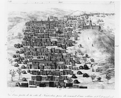 Vista de parte de la ciudad de Tombuctú tomada desde una colina al este, de Voyage a Tombouctou por Rene Caillie, publicado en 1830 de French School