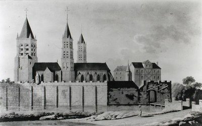Vista de la Abadía de Saint-Germain-des-Prés a principios del siglo XV (litografía) (foto en blanco y negro) de French School