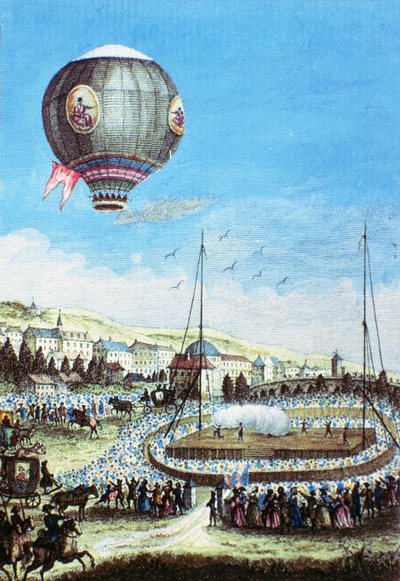 Vista de los Brolteaux en Lyon y el tercer vuelo del globo aerostático de Montgolfier el 10 de enero de 1784 de French School