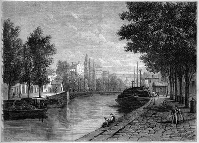 Vista del Canal Saint Martin, en París, antes de las transformaciones realizadas por Haussmann a mediados del siglo XIX. Vista tomada a la altura de la rue Saint Sebastien. Grabado en “Le Monde Illustré” n°233 del 28 de septiembre de French School