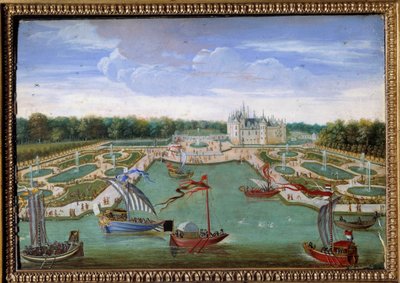 Vista del Castillo de Chantilly y los parterres desde Vertugadin (Pintura anónima de la escuela francesa) Alrededor de 1680. Dim. 0,26x0,34 m. Chantilly, museo Condé de French School