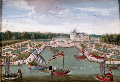 Vista del Chateau de Chantilly y los jardines tomados del Vertugadin de French School