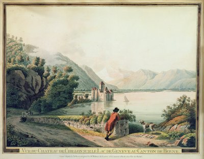 Vista del Castillo de Chillon, Lago de Ginebra (aguafuerte coloreado) de French School