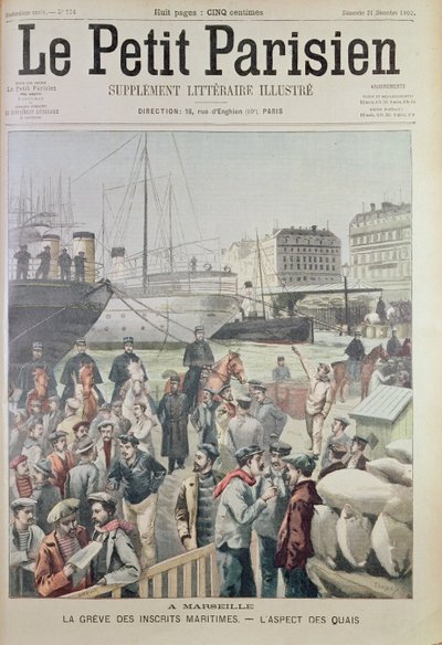 Vista de los muelles en Marsella durante la huelga marítima, de la portada de Le Petit Parisien, 21 de diciembre de 1902 de French School