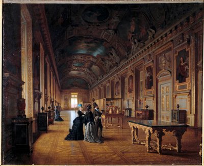 Vista de la Galería de Apolo en el Museo del Louvre. Visitantes admiran las pinturas. Escuela Francesa. Alrededor de 1880 de French School