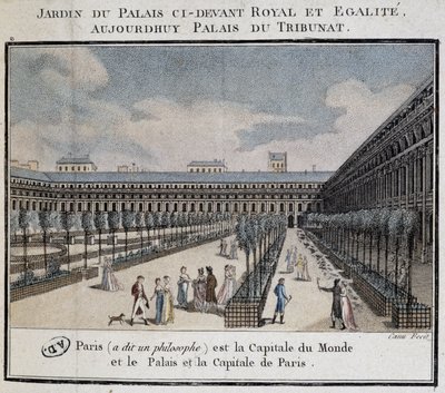 Vista del Palacio Real (Palais du Tribunat) con jardín y paseantes de French School