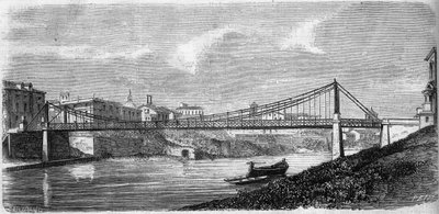Vista del Puente de San Juan sobre el río Tíber en Italia, inaugurado en 1863. Este puente de acero fue diseñado por Alphonse Oudry. Grabado en 