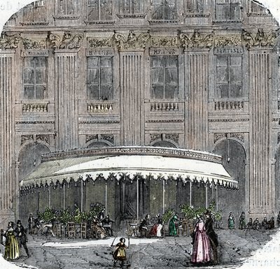 Vista del café de la Rotonde en el Palais-Royal en París alrededor de 1860 (grabado coloreado) de French School