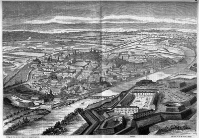 Vista de la ciudad y ciudadela de Alejandría en Italia de French School
