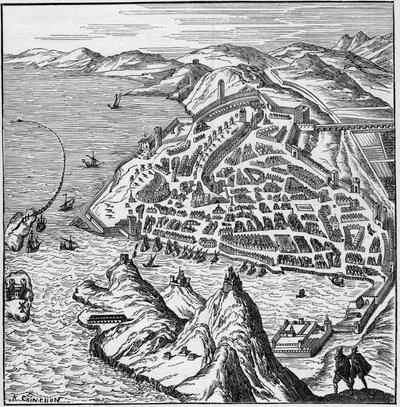 Vista de la ciudad y puerto de Marsella en el siglo XVI. Grabado en 