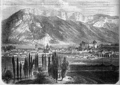Vista de la ciudad de Annecy, tomada desde la carretera a Ginebra. Alta Saboya (74) de French School