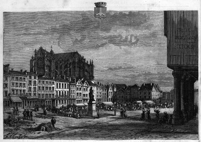 Vista de la ciudad de Beauvais en el Oise. Grabado de 1880 en “La republique illustree” colección privada. de French School