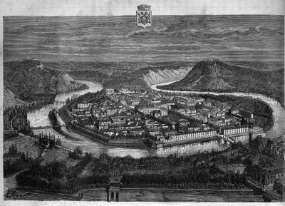 Vista de la ciudad de Besançon en el Doubs. Grabado de 1880 en "La republique illustree" colección privada. de French School