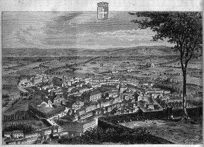 Vista de la ciudad de Bourg en el Ain. Grabado de 1880 en "La republique illustree". Colección privada. de French School