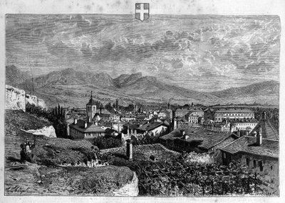 Vista de la ciudad de Chambéry en Saboya. Grabado de 1880 en “La republique illustree” colección privada. de French School