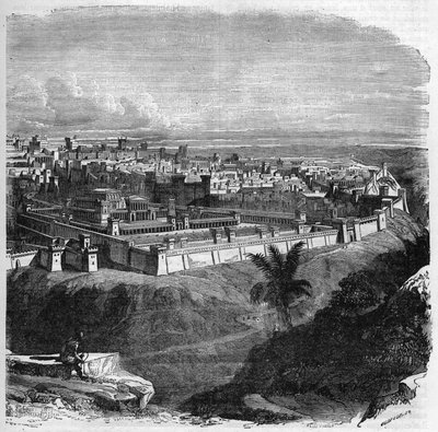 Vista de la ciudad de Jerusalén antes de la destrucción del templo. Grabado en 