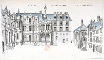 Vista del patio y la capilla en Chantilly (pluma, tinta y acuarela sobre papel) de French School