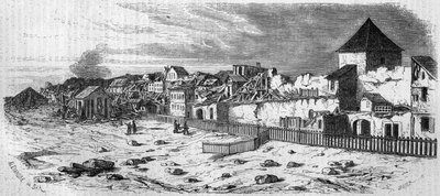 Vista del distrito de la ciudad de Kastrich, en Maguncia (Alemania), después de la explosión del polvorín en 1857. De una fotografía. Grabado en "Le Monde Illustré" n°36 del 19 de diciembre de 1857. de French School