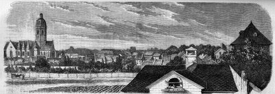 Vista del distrito de la ciudad de Kastrich, en Mainz (Alemania), antes de la explosión del polvorín en 1857. De una fotografía. Grabado en “Le Monde Illustré” n°36 del 19 de diciembre de 1857. de French School