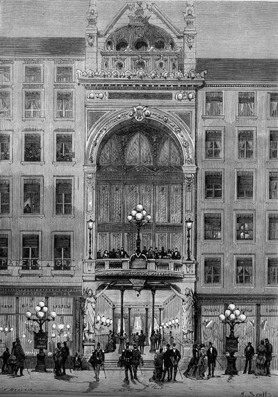 Vista de la fachada del teatro Bellecour en Lyon, construido por Jules Chatron en 1879. Grabado en "Le Monde Illustré" n°1176 del 11 de octubre de French School