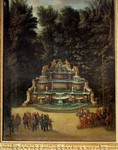 Vista de la fuente del Buffet de Agua en los jardines del Gran Trianón en 1713 de French School