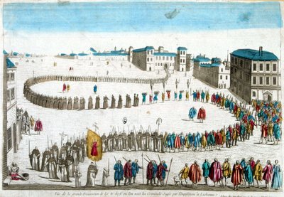 Vista de la gran procesión del auto de fe donde vemos a los criminales juzgados por la Inquisición en Lisboa de French School