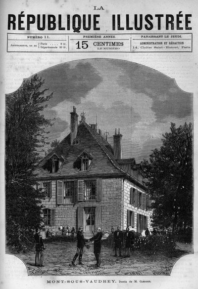 Vista de la casa del presidente Jules Grévy (1807-1891) en Mont-sous-Vaudrey en Franco Condado. Un periódico. Grabado de 1880 en “La republique illustree” colección privada. de French School