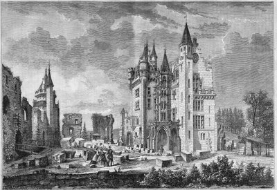 Vista de los trabajos de restauración del Castillo de Pierrefonds, organizados por Eugène Viollet-le-Duc, durante la visita de Napoleón III y la Emperatriz Eugenia de Montijo. Oise (60) de French School