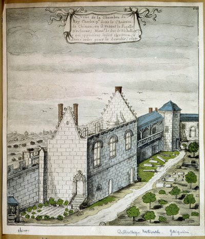 Vista de la sala del rey Carlos VII en el castillo de Chinon, donde recibió a la doncella de Orleans - acuarela de French School