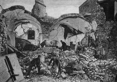 Vista de las ruinas de la Chiesa del Purgatorio, destruida durante el terremoto de 1881 en la isla de Ischia (Italia). Grabado por Quesnel en “Le Monde Illustré” n°1254 del 9 de abril de 1881. de French School