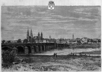 Vista de la ciudad de Moulins en el Allier. Grabado de 1880 en "La republique illustree" colección privada. de French School