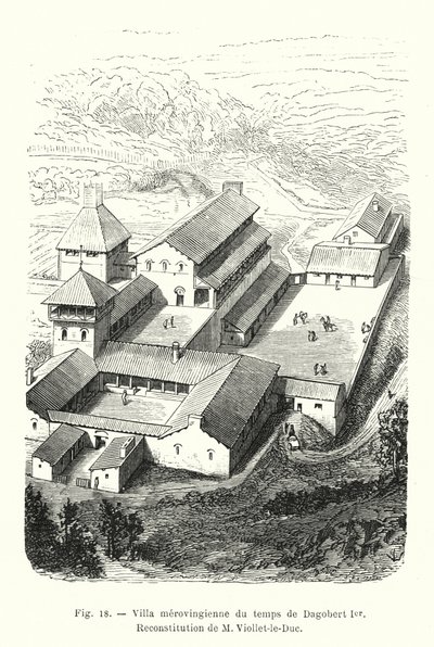 Villa merovingia del tiempo de Dagoberto I, Reconstitución de M Viollet-le-Duc (grabado) de French School