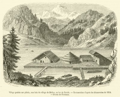 Pueblo galo sobre pilotes, cerca del pueblo de Meilen, en el lago de Zúrich de French School