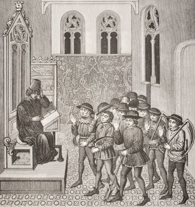 Villanos recibiendo las órdenes de sus señores antes de ir a trabajar, después de una miniatura en un manuscrito del siglo XV, de Le Moyen Age et La Renaissance de Paul Lacroix (1806-84) publicado en 1847 de French School