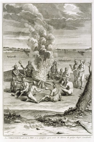 Virginianos Adorando el Fuego y Regocijándose por haber sido Liberados de un Peligro Considerable, ilustración de Ceremonias y Costumbres Religiosas, grabado por Bernard Picart, 1721 de French School