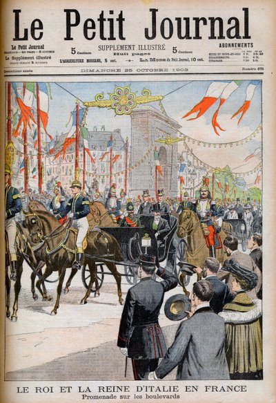 Visita del Rey y la Reina de Italia a Francia. Paseo por los bulevares con el Presidente de la República Francesa Emile Loubet - Ilustración para Le Petit Journal, 25 de octubre de 1903 - Víctor Manuel III de French School