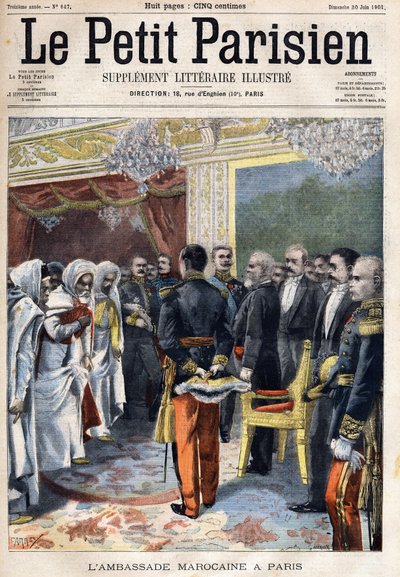 Visita de la embajada marroquí recibida por el Presidente de Francia Emile Loubet (1838-1929) en París, en "Le Petit Parisien" el 30/06/1901 (grabado) de French School