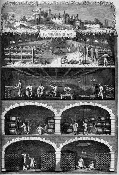 Viticultura: vista de las bodegas de champán en los sótanos del antiguo castillo de los arzobispos de Reims, Marne (51) de French School