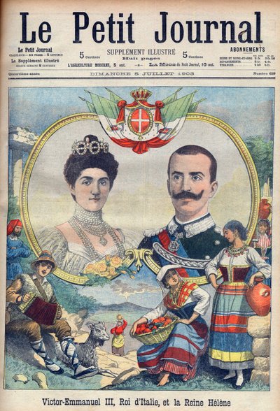 Vittorio Emanuele III di Savoia y Elena di Savoia - Rey Víctor Manuel III y Reina Elena de Italia. Víctor Manuel III, Rey de Italia, y Reina Elena. Ilustración para Le petit Journal, 5 de julio de 1903 de French School