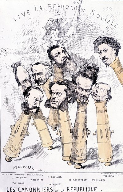 Viva la República social - Los cañoneros de la República: A. Vacquerie, F.V. Hugo, P. Meurice, E. Roullier, Flocquet, H. Rochefort, Vermorel, Pilotell. Caricatura. de French School